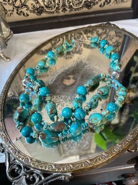 Vintage Natural Turquoise sterling silver Peyote Bird multi strand necklace